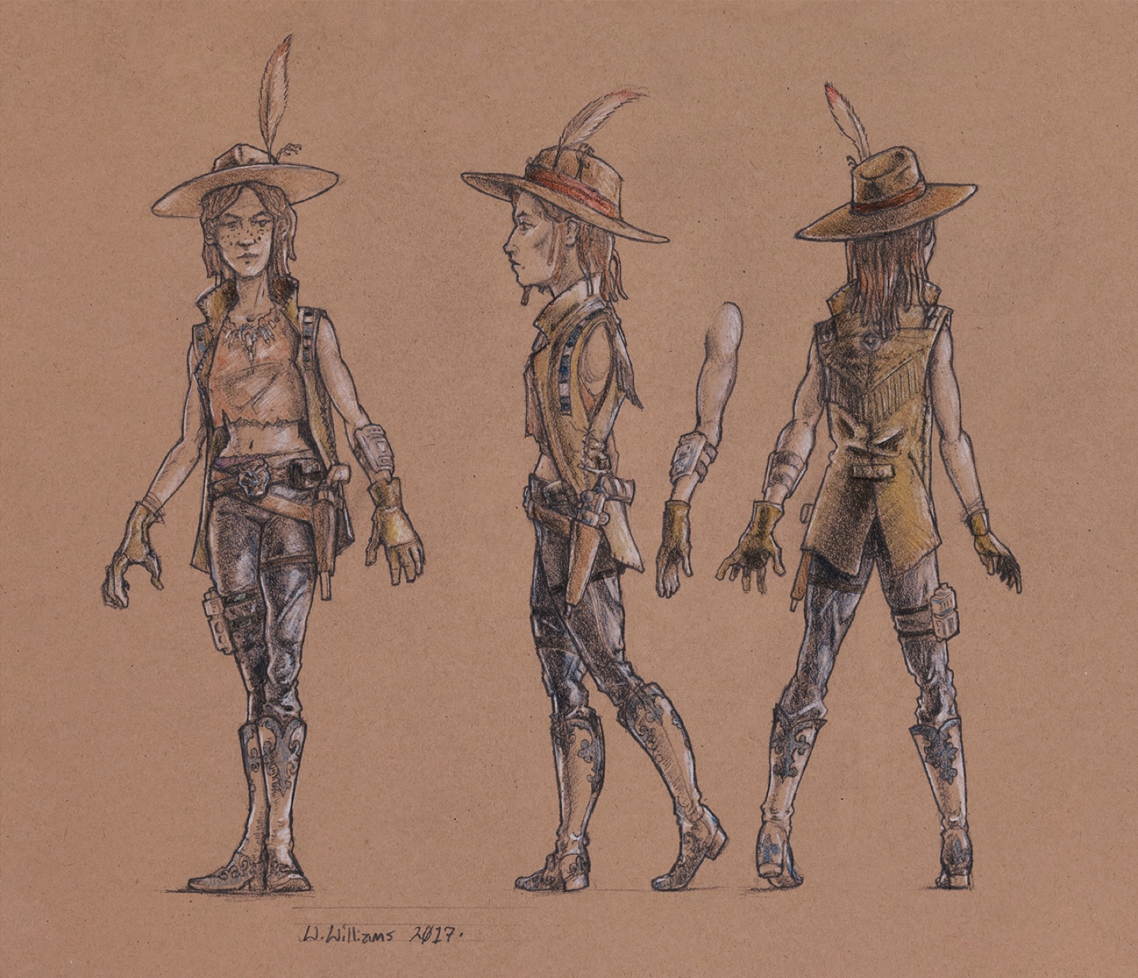 Cavan, Space Outlaw — character turnaround in colored pencil on toned kraft paper